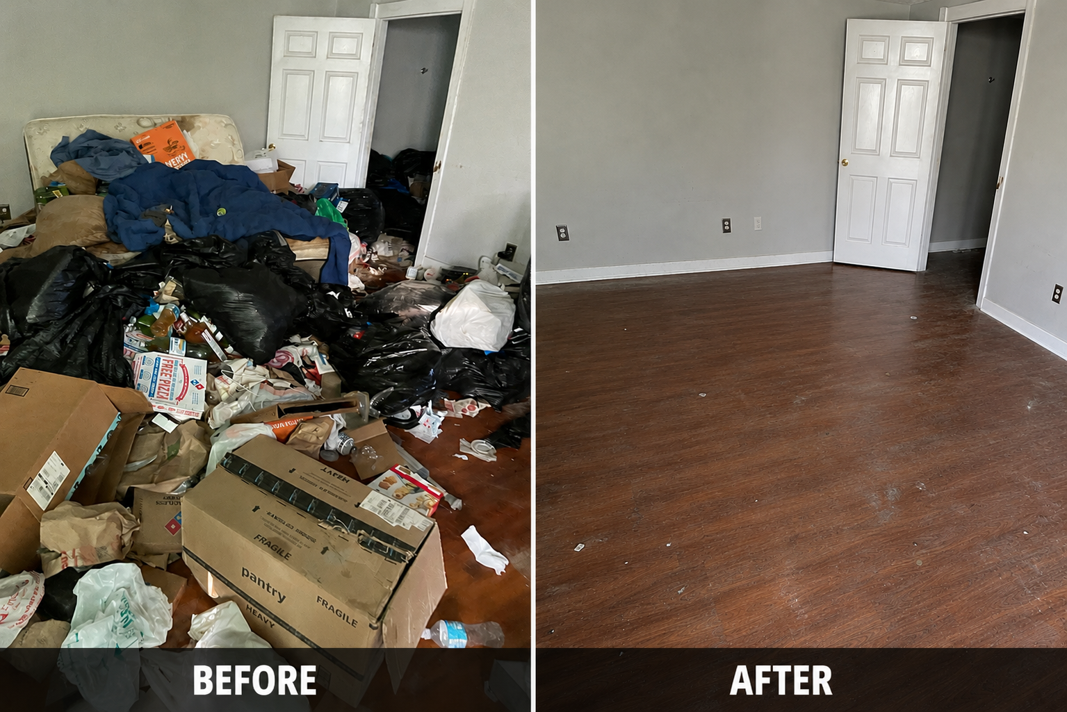 Before and after a room cleanout by Garbage Kings