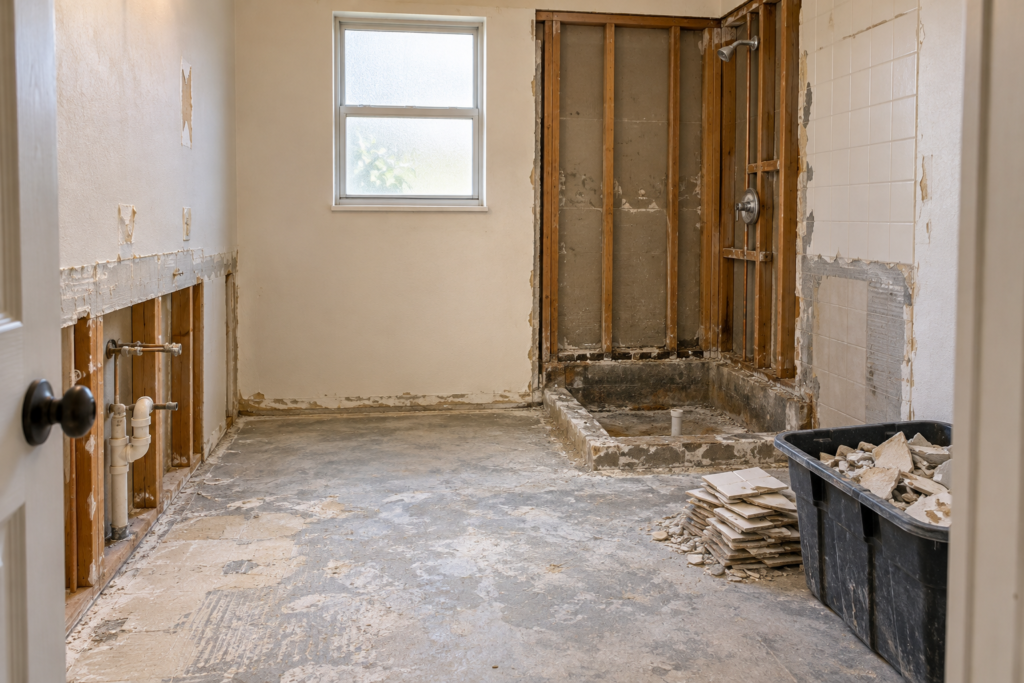AI-generated bathroom demolition illustration.