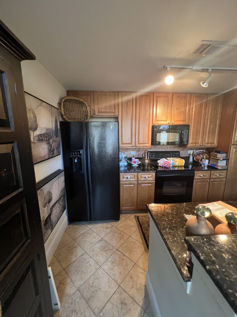 Kitchen cabinetry and countertops before removal.