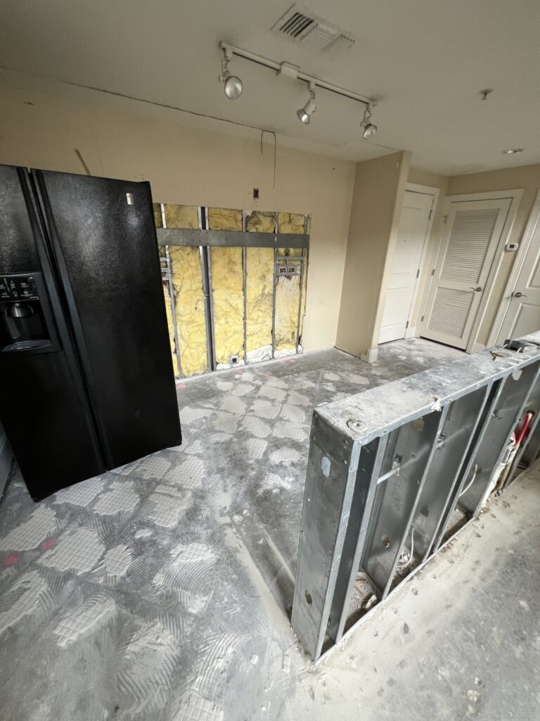 Kitchen with cabinetry removed and exposed wall framing.